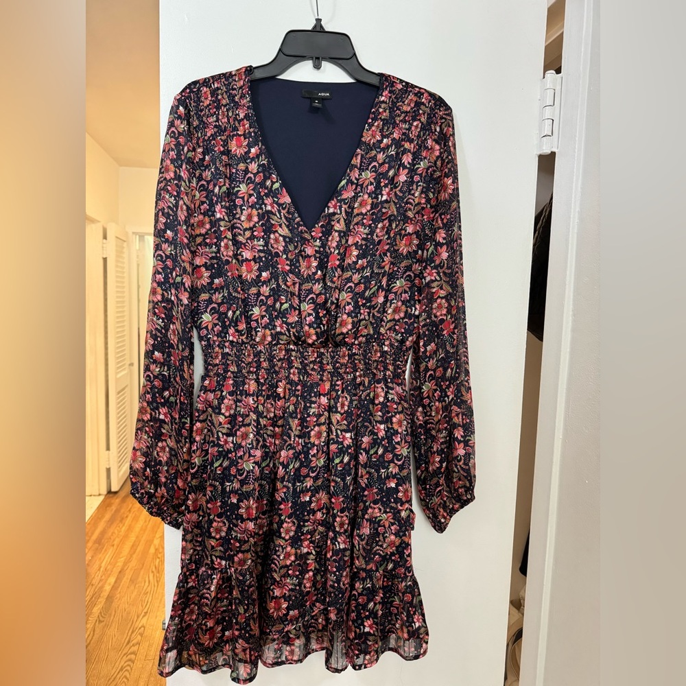Aqua Long Sleeve Floral Faux Wrap Dress Size L